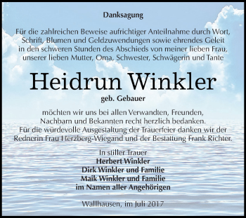 Traueranzeige von Heidrun Winkler von Super Sonntag SGH Mansf. Land