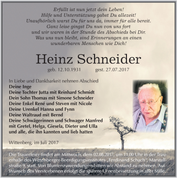 Traueranzeige von Heinz Schneider von Mitteldeutsche Zeitung Wittenberg