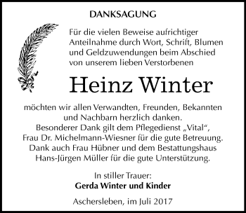 Traueranzeige von Heinz Winter von Mitteldeutsche Zeitung Aschersleben