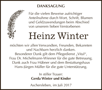 Traueranzeige von Heinz Winter von Super Sonntag Aschersleben
