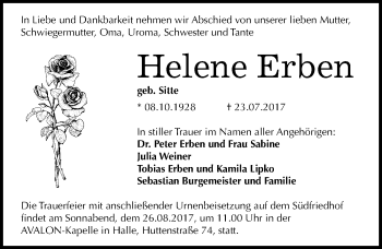 Traueranzeige von Helene Erben von Mitteldeutsche Zeitung Halle/Saalkreis