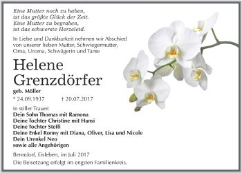 Traueranzeige von Helene Grenzdörfer von Mitteldeutsche Zeitung Mansfelder Land