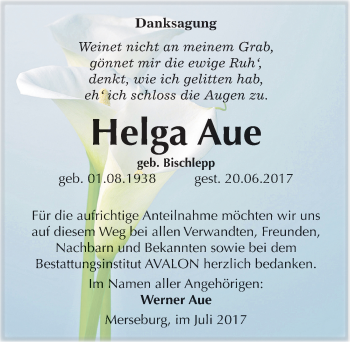 Traueranzeige von Helga Aue von Mitteldeutsche Zeitung Merseburg/Querfurt