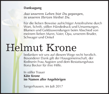 Traueranzeige von Helmut Krone von Mitteldeutsche Zeitung Sangerhausen