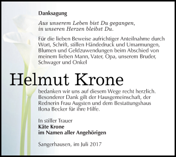 Traueranzeige von Helmut Krone von Super Sonntag SGH Mansf. Land