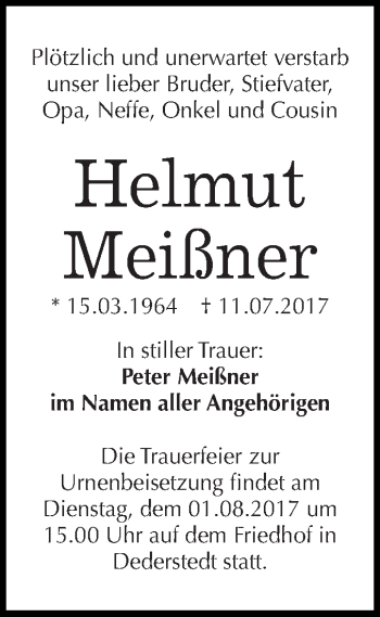 Traueranzeige von Helmut Meißner von Super Sonntag SGH Mansf. Land