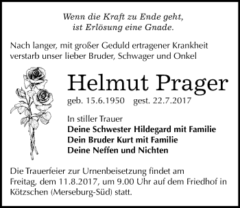 Traueranzeige von Helmut Prager von Mitteldeutsche Zeitung Merseburg/Querfurt