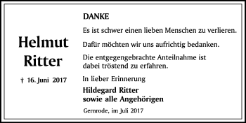Traueranzeige von Helmut Ritter von Mitteldeutsche Zeitung Quedlinburg