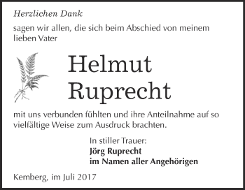 Traueranzeige von Helmut Ruprecht von WVG - Wochenspiegel Bitterfeld