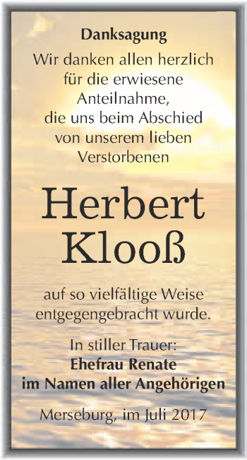 Traueranzeige von Herbert Klooß von WVG - Wochenspiegel Merseburg