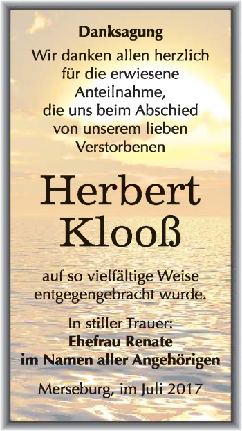 Traueranzeige von Herbert Klooß von Mitteldeutsche Zeitung Merseburg/Querfurt