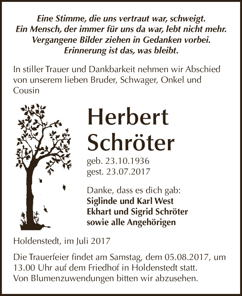  Traueranzeige für Herbert Schröter vom 29.07.2017 aus Super Sonntag SGH Mansf. Land