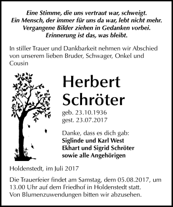 Traueranzeige von Herbert Schröter von Mitteldeutsche Zeitung Sangerhausen