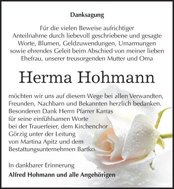 Traueranzeige von Herma Hohmann von Mitteldeutsche Zeitung Köthen