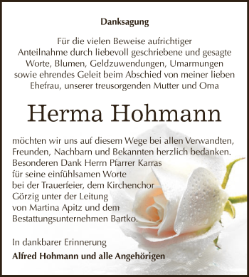 Traueranzeige von Herma Hohmann von WVG - Wochenspiegel Dessau / Köthen