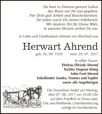 Traueranzeige von Herwart Ahrend von WVG - Wochenspiegel Dessau / Köthen
