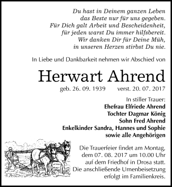 Traueranzeige von Herwart Ahrend von Mitteldeutsche Zeitung Köthen