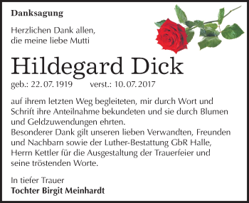 Traueranzeige von Hildegard Dick von Mitteldeutsche Zeitung Halle/Saalkreis