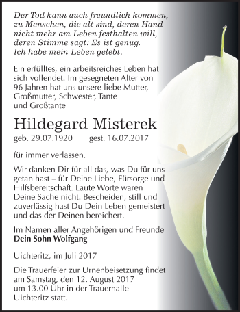 Traueranzeige von Hildegard Misterek von Mitteldeutsche Zeitung Weißenfels