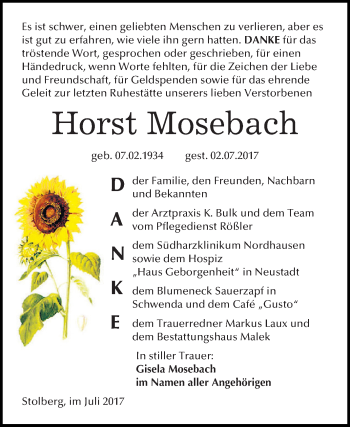 Traueranzeige von Horst Mosebach von Super Sonntag SGH Mansf. Land