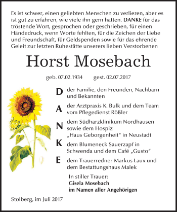 Traueranzeige von Horst Mosebach von Mitteldeutsche Zeitung Sangerhausen