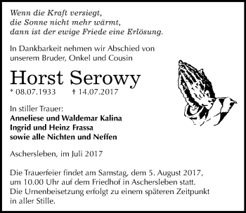 Traueranzeige von Horst Serowy von Mitteldeutsche Zeitung Aschersleben