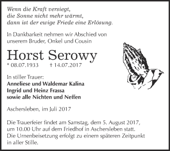 Traueranzeige von Horst Serowy von Super Sonntag Aschersleben