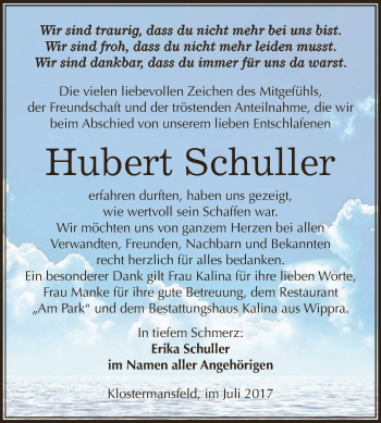 Traueranzeige von Hubert Schuller von Super Sonntag SGH Mansf. Land