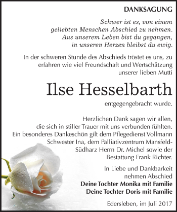 Traueranzeige von Ilse Hesselbarth von Mitteldeutsche Zeitung Sangerhausen
