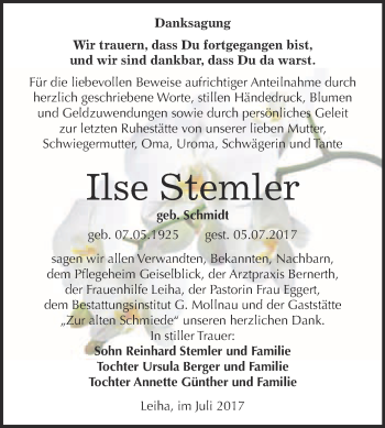 Traueranzeige von Ilse Stemler von WVG - Wochenspiegel Merseburg