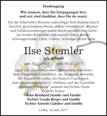Traueranzeige von Ilse Stemler von Mitteldeutsche Zeitung Merseburg/Querfurt