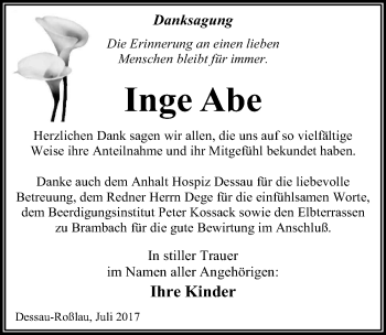 Traueranzeige von Inge Abe von Mitteldeutsche Zeitung Dessau-Roßlau