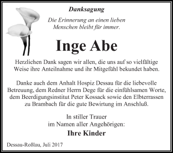 Traueranzeige von Inge Abe von WVG - Wochenspiegel Dessau / Köthen