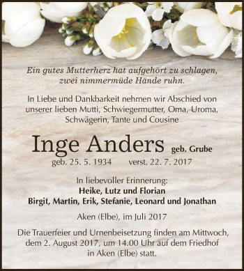 Traueranzeige von Inge Anders von WVG - Wochenspiegel Dessau / Köthen