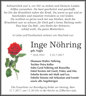 Traueranzeige von Inge Nöhring von Super Sonntag Merseburg