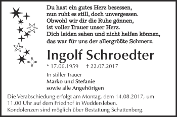 Traueranzeige von Ingolf Schroedter von Super Sonntag Quedlinburg