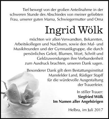 Traueranzeige von Ingrid Wölk von Mitteldeutsche Zeitung Mansfelder Land