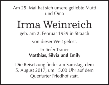 Traueranzeige von Irma Weinreich von WVG - Wochenspiegel Merseburg
