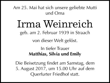 Traueranzeige von Irma Weinreich von Mitteldeutsche Zeitung Merseburg/Querfurt