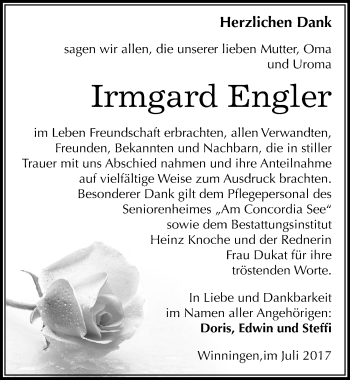 Traueranzeige von Irmgard Engler von Mitteldeutsche Zeitung Aschersleben