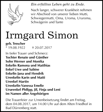Traueranzeige von Irmgard Simon von Mitteldeutsche Zeitung Merseburg/Querfurt
