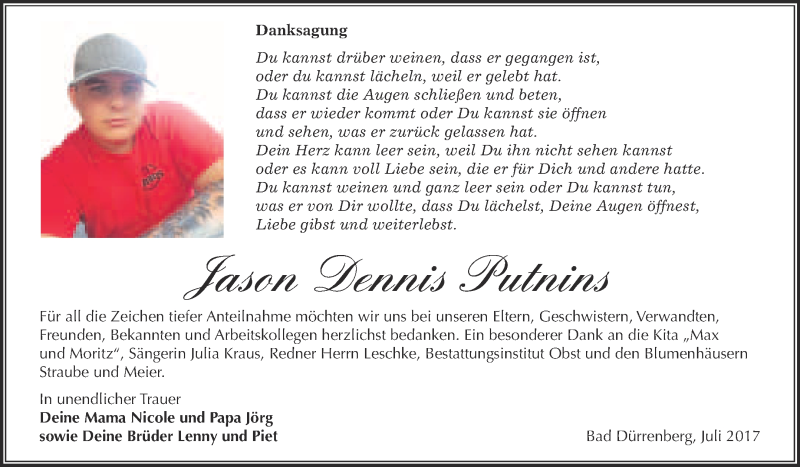  Traueranzeige für Jason Dennis Putnins vom 29.07.2017 aus Super Sonntag Merseburg