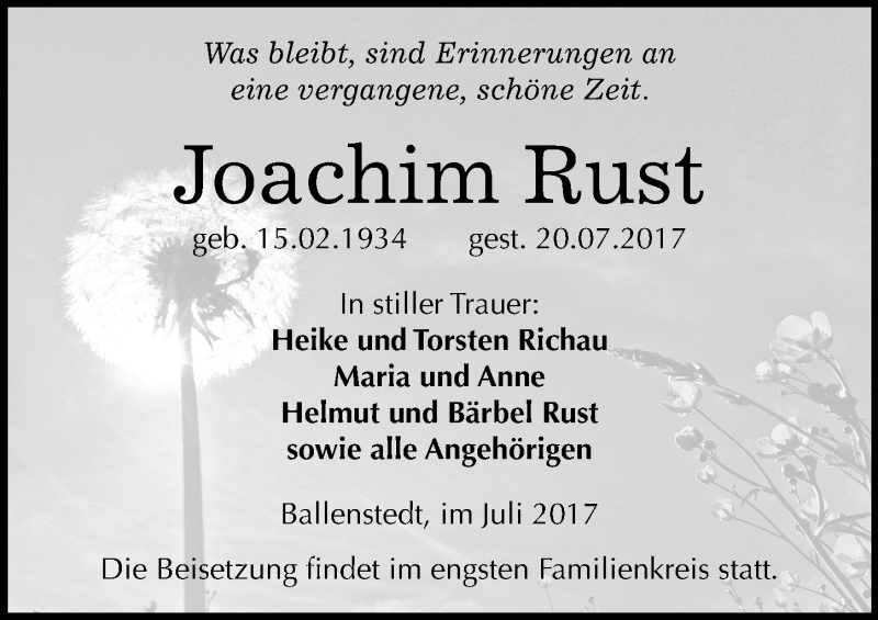  Traueranzeige für Joachim Rust vom 28.07.2017 aus Mitteldeutsche Zeitung Quedlinburg