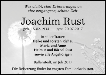 Traueranzeige von Joachim Rust von Mitteldeutsche Zeitung Quedlinburg