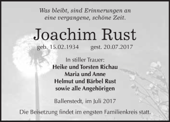 Traueranzeige von Joachim Rust von WVG - Wochenspiegel Quedlinburg