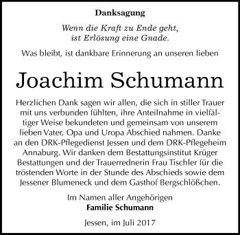 Traueranzeige von Joachim  Schumann von Mitteldeutsche Zeitung Wittenberg