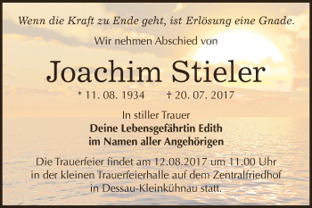 Traueranzeige von Joachim Stieler von WVG - Wochenspiegel Dessau / Köthen