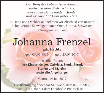 Traueranzeige von Johanna Frenzel von WVG - Wochenspiegel Wittenberg