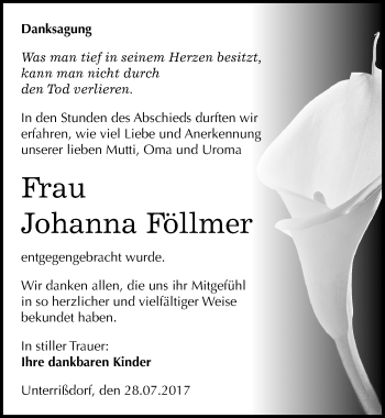 Traueranzeige von Johanna Föllmer von Mitteldeutsche Zeitung Mansfelder Land