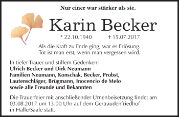 Traueranzeige von Karin Becker von Mitteldeutsche Zeitung Halle/Saalkreis